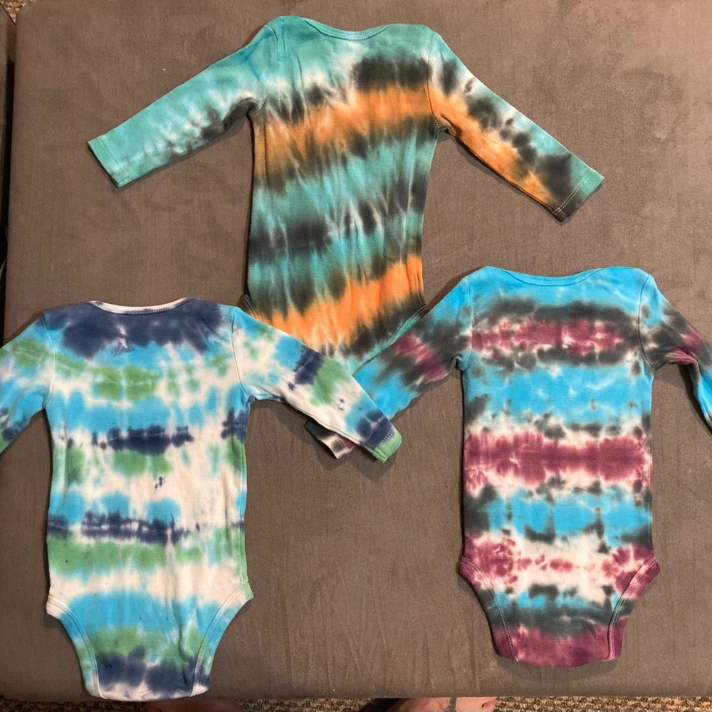 3 long sleeve, hand dyed onesies